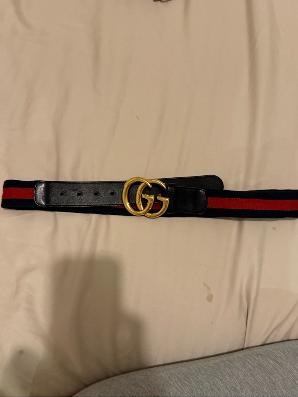 Gucci Black Leather Belt with Red Stripe, Navy Trim and Gold Double G Buckle